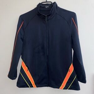 Black Bebe sweater with orange stripes